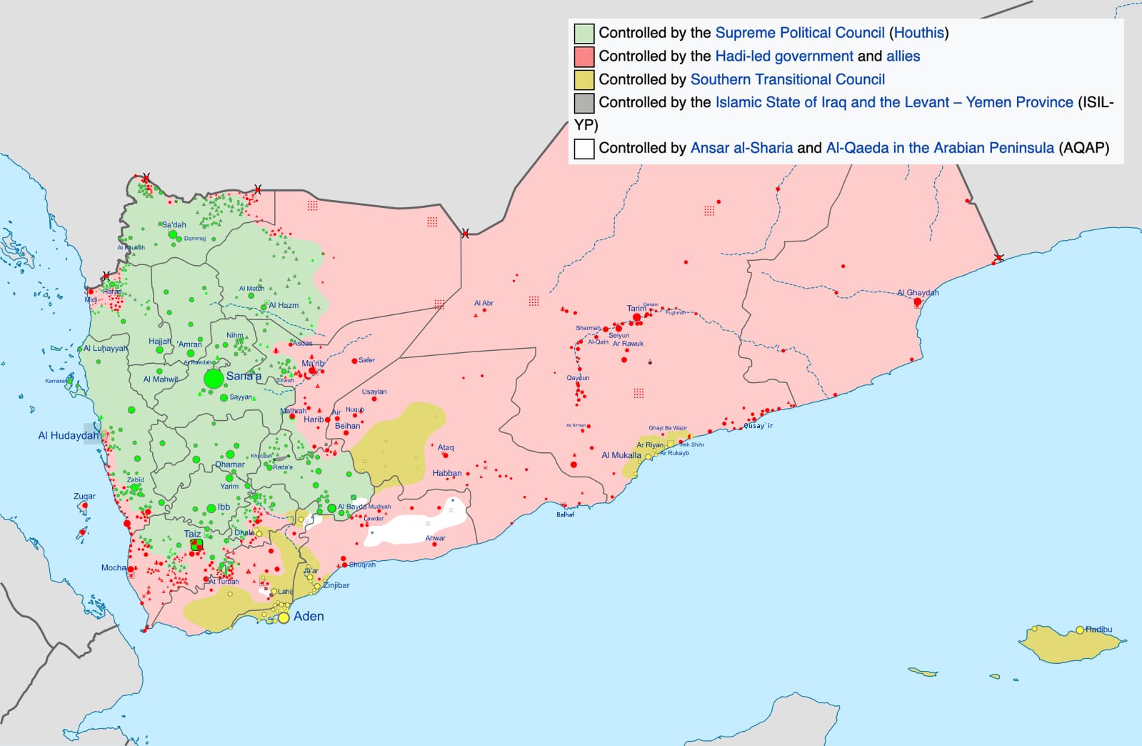 Zonas de control en Yemen. Fuente: Wikimedia Commons.